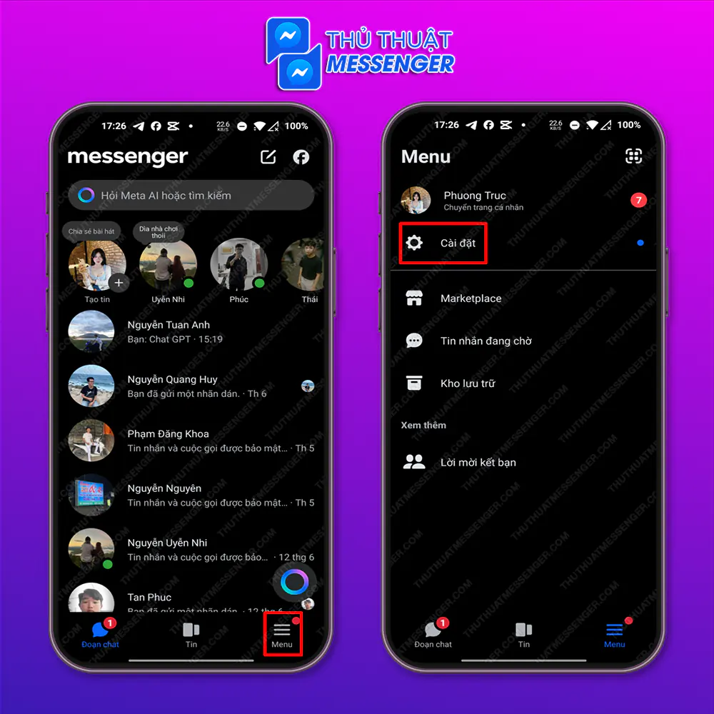  Bước 1: Truy cập messenger > Chọn “Cài Đặt”.