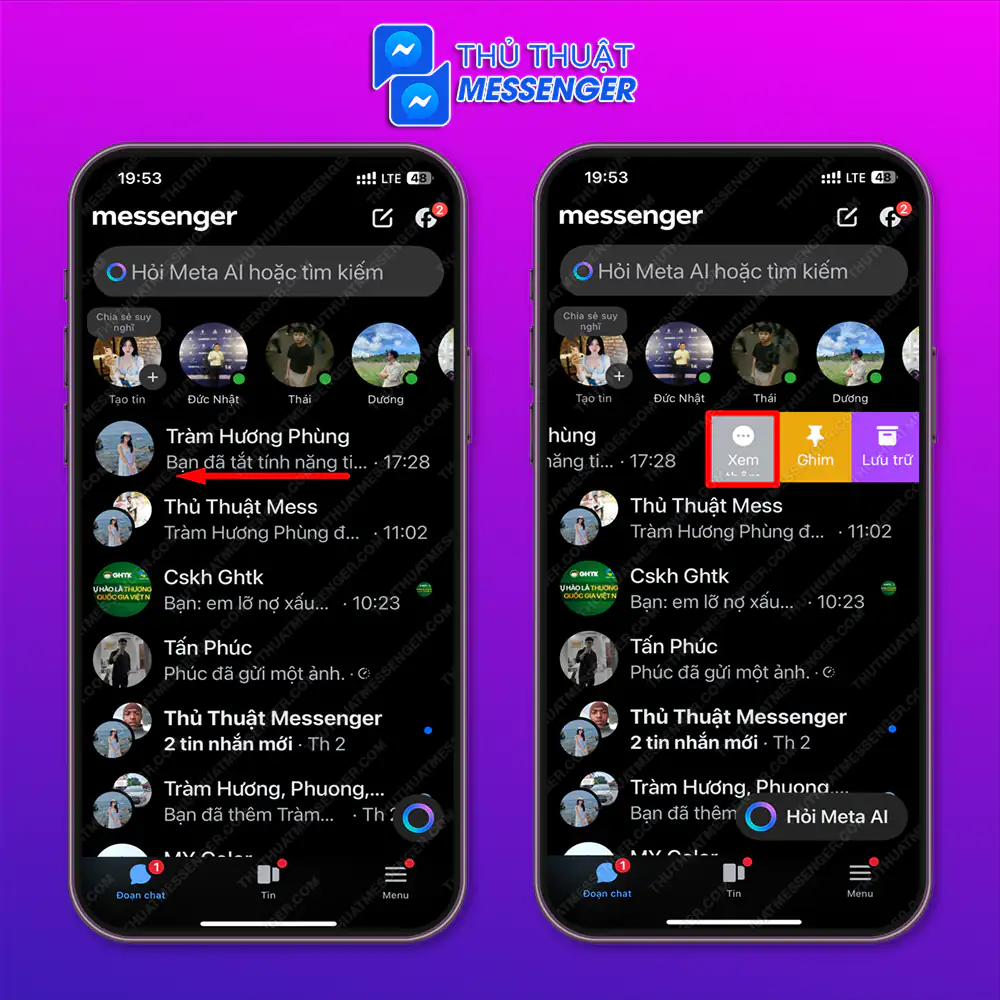 Bước 1: Bạn vào messenger > Chọn “Tài khoản” mà bạn muốn ẩn.