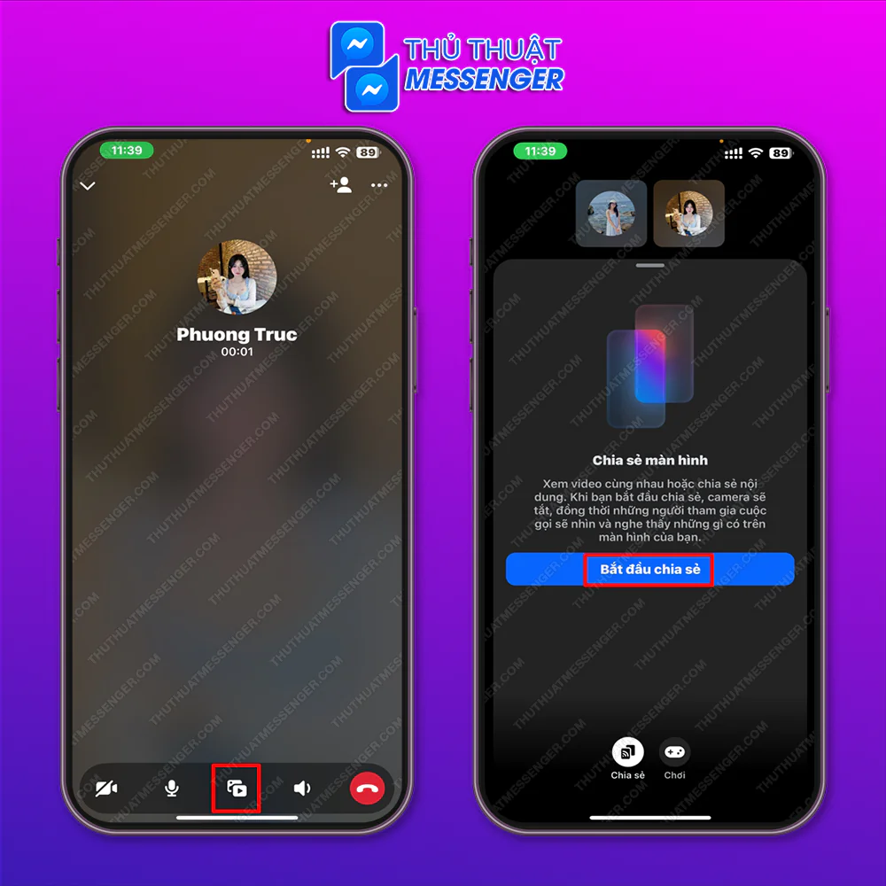 Bước 1: Gọi cho người bạn muốn chia sẻ màn hình > Nhấn chọn biểu tượng video > Bắt đầu chia sẻ.