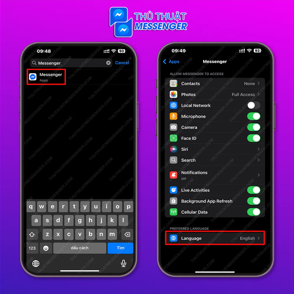 Bước 1: Truy cập vào phần cài đặt của máy, tìm kiếm Messenger > Chọn vào Ngôn ngữ.