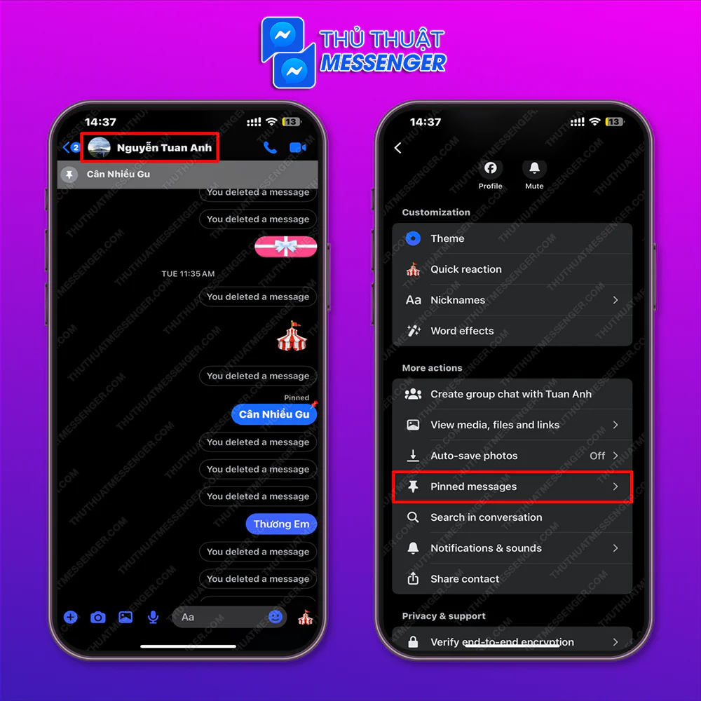 Bước 1: Vào cuộc hội thoại muốn gỡ > Chọn vào tên của người dùng > Chọn tin nhắn đã ghim.