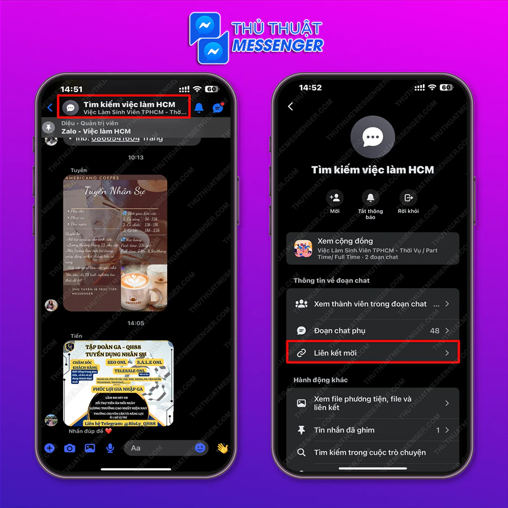 Bước 1: Truy cập vào nhóm chat bạn muốn lấy url > Nhấn vào tên của nhóm chat > Liên kết mời.