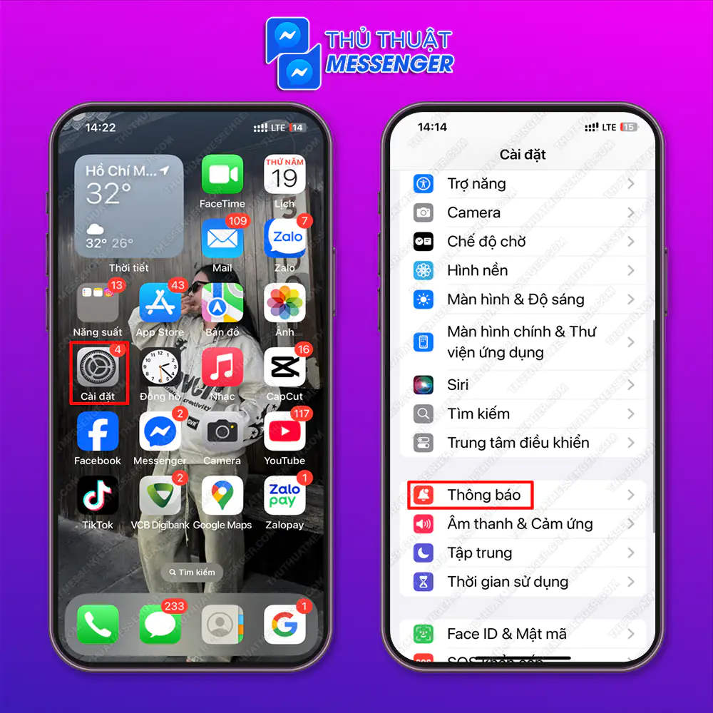 Bước 1: Tại giao diện điện thoại > Chọn “Cài đặt” > Chọn “Thông báo”.