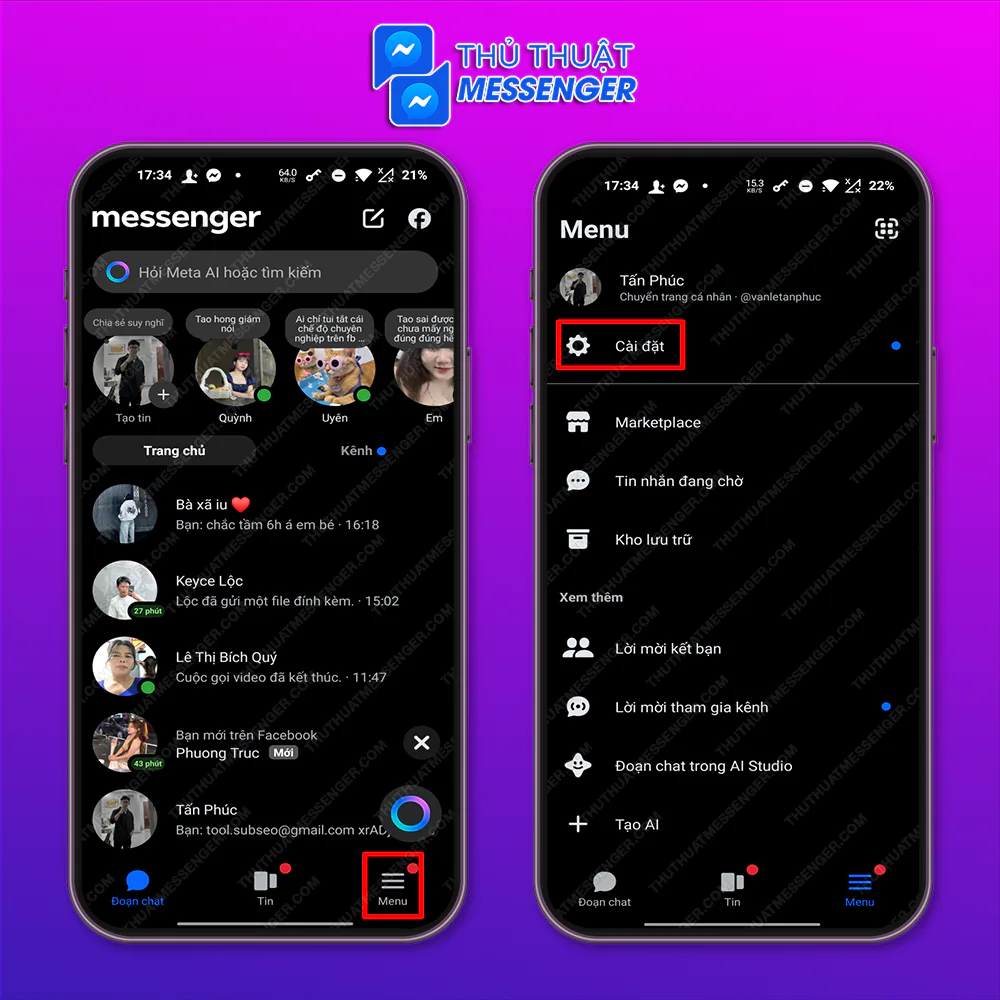 Bước 1: Chọn “Menu” > Chọn “Cài Đặt”.