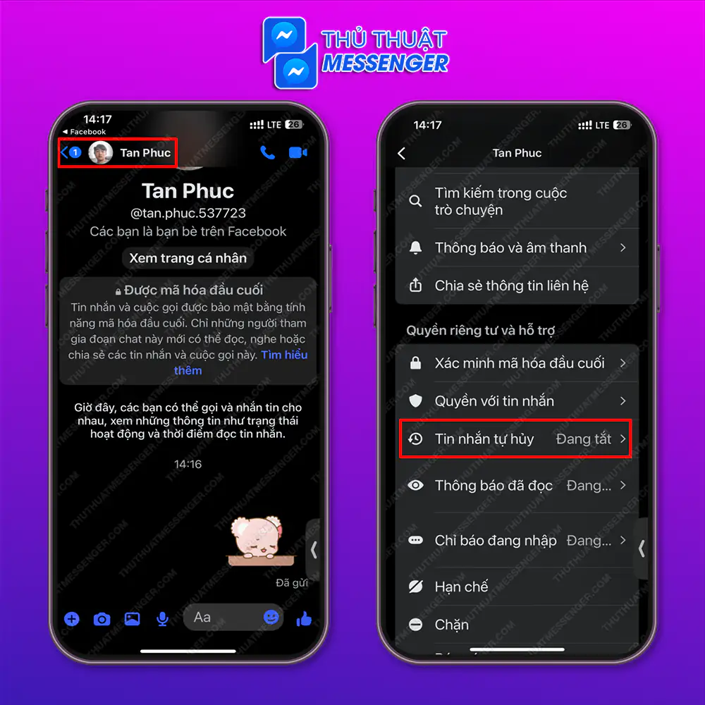 Bước 1: Chọn “Tài khoản bạn muốn cài đặt tin nhắn tự hủy > Chọn “Avartar” > Chọn “Tin nhắn tự hủy”.