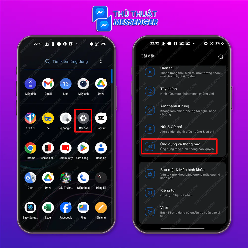 Bước 1: Chọn “Cài Đặt” > Chọn “Ứng Dụng và Thông Báo”.