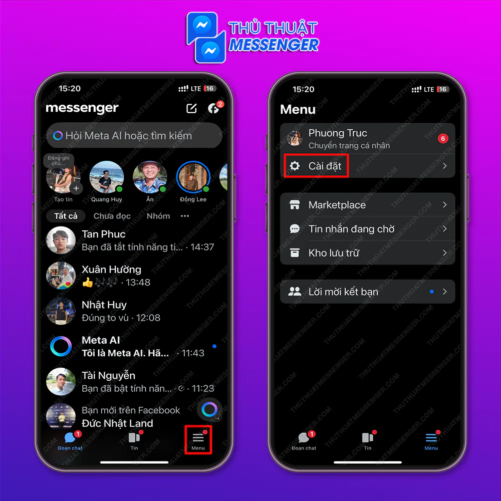 Bước 1: Chọn “Menu” > Chọn “Cài Đặt”.