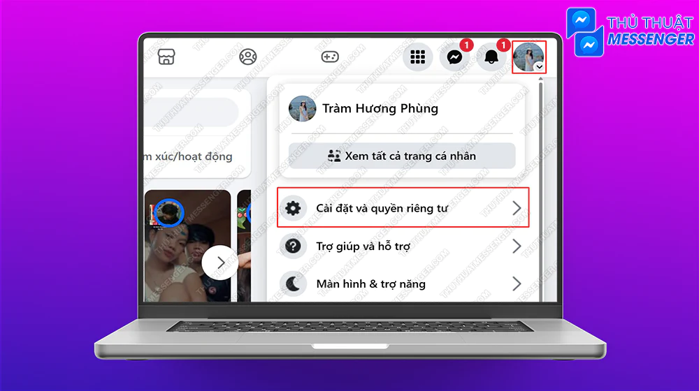 Bước 1: Truy cập vào Facebook > Nhấn chọn ảnh avatar > Cài đặt và quyền riêng tư.