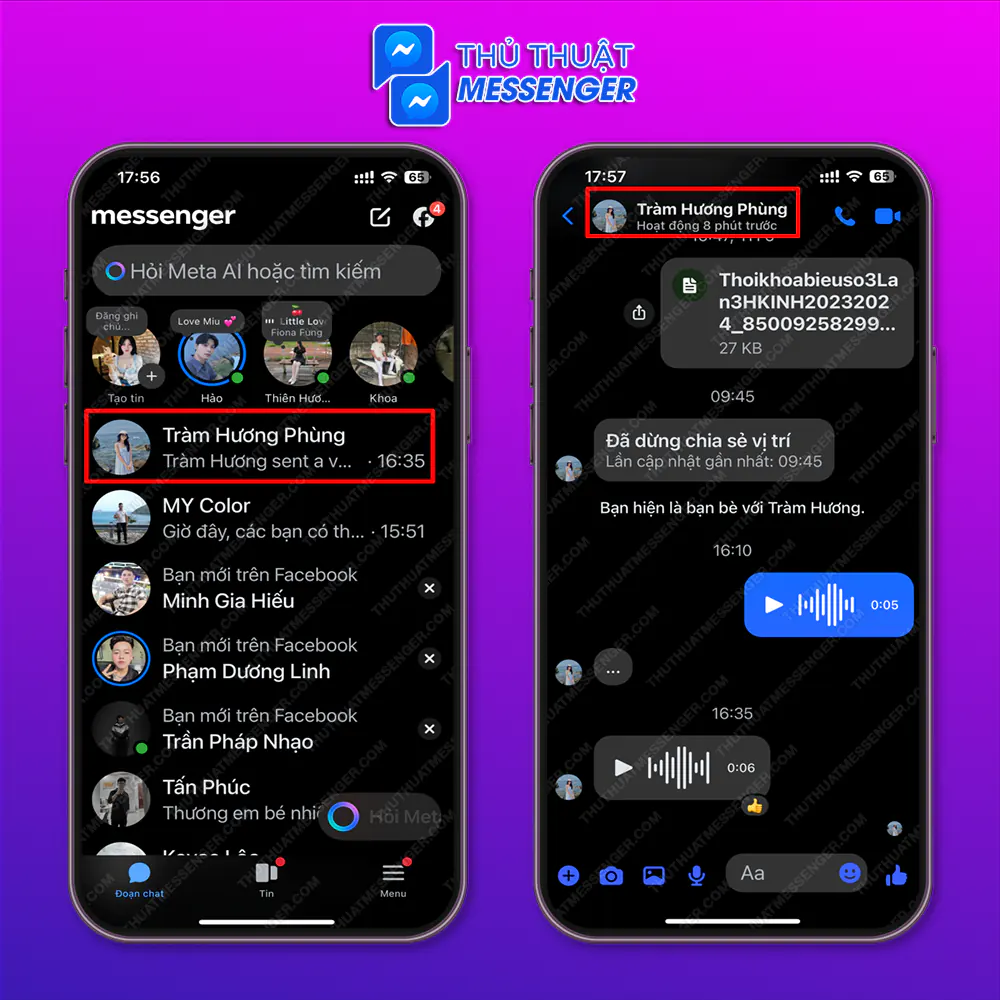 Bước 1: Truy cập messenger > Chọn “Tài khoản mà bạn cần chặn cuộc gọi messenger” Chọn “avatar”.