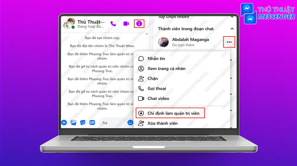 Bước 1: Mở nhóm chat bạn đang muốn chỉ định > Chọn biểu tượng i > Thành viên trong đoạn chat > Chọn thành viên và nhấn biểu tượng 3 chấm > Chỉ định làm quản trị viên.