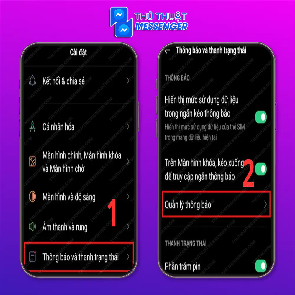 Bước 1: Mở điện thoại, đi đến “cài đặt” nhấp vào mục “Thông báo và thanh trạng thái” đi đến mục “Quản lý thông báo”.
