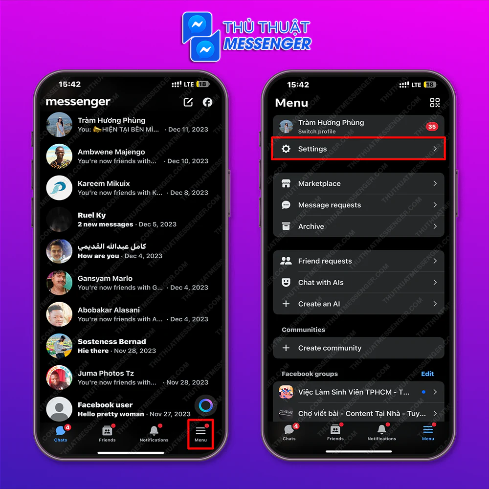 Bước 1: Truy cập vào Mess để chọn Menu > Cài đặt.