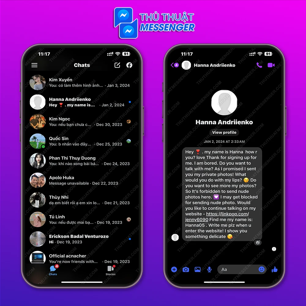 Bước 1: Truy cập vào ứng dụng, chọn tin nhắn muốn đánh dấu spam > Chọn vào tên của người dùng.
