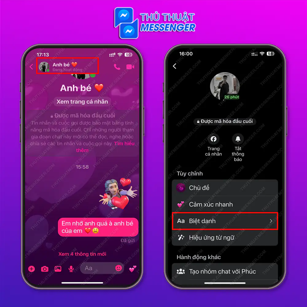 Bước 1: Truy cập messenger > Chọn “Bạn thân” bạn muốn đổi biệt danh > Chọn “Avatar” > Chọn “Biệt hiệu”.