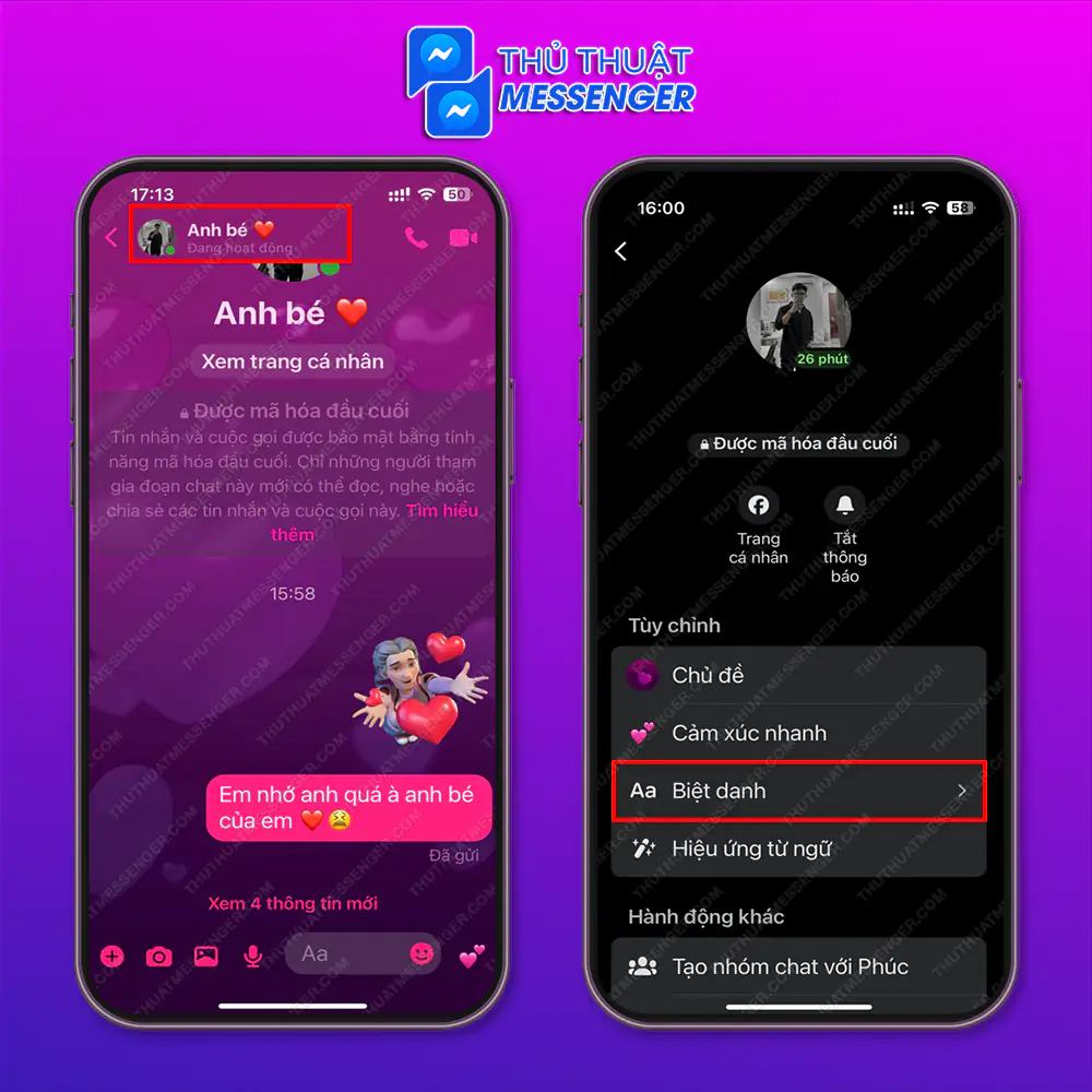 Bước 2: Chọn “Tài khoản” người yêu > Nhập biệt hiệu mà bạn muốn đặt” > Chọn “Lưu”.