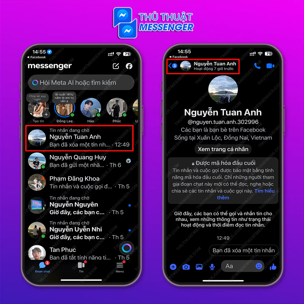 Bước 1: Truy cập messenger > Chọn tài khoản mà bạn muốn thay đổi nền messenger > Chọn avatar tài khoản.
