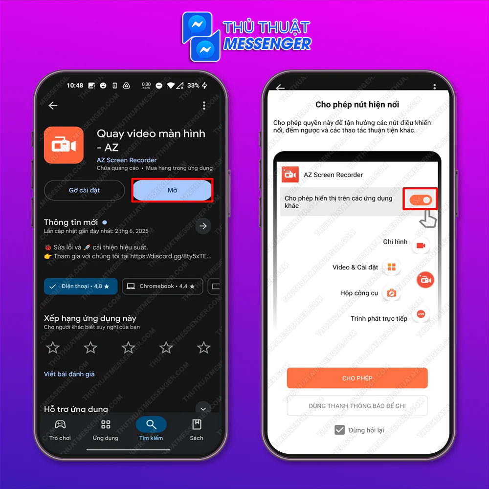 Bước 1: Tải và cài đặt phần mềm Quay màn hình - AZ > Khởi động phần mềm > Chọn Cho phép.