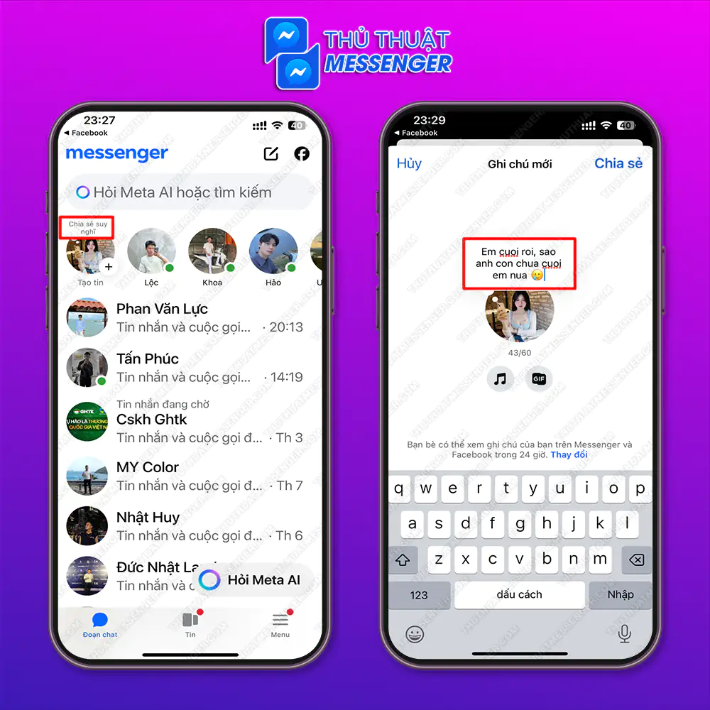 Bước 1: Truy cập messenger > Chọn “Chia sẻ suy nghĩ” > Ghi trạng thái vào
