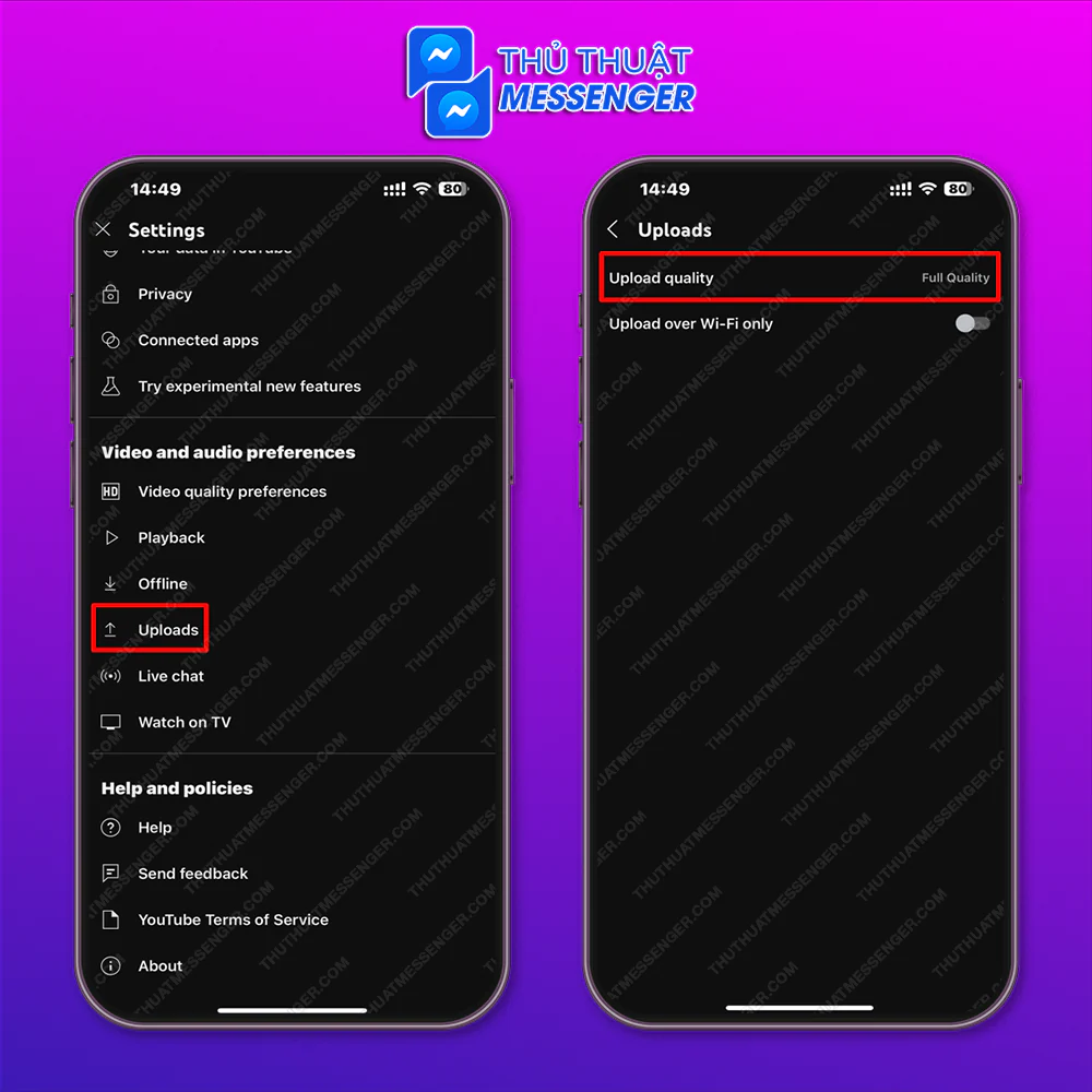 Bước 1: Vào phần cài đặt của Youtube > Uploads > Chất lượng đăng tải.