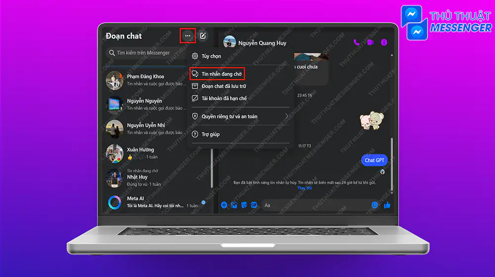 Bước 1: Truy cập messenger trên máy tính > Chọn “Biểu tượng dấu 3 chấm” > Chọn “Tin nhắn đang chờ”.