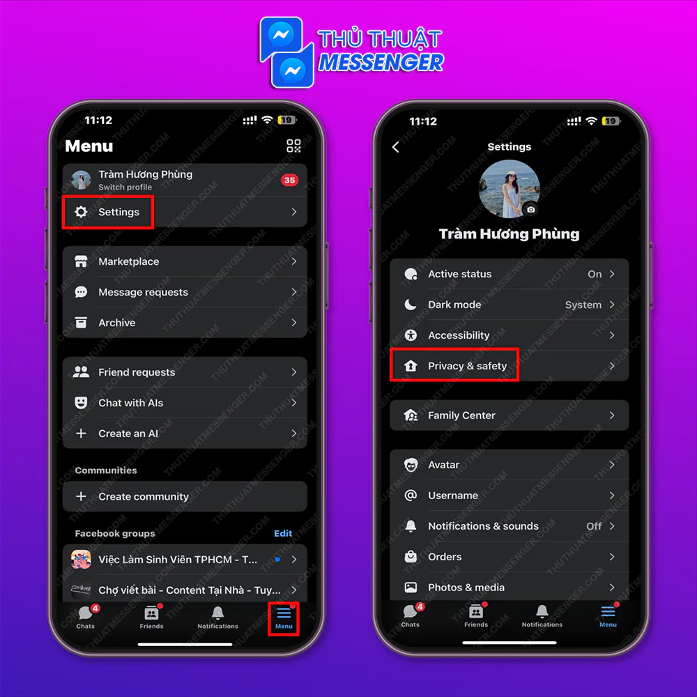Bước 1: Vào phần Menu của ứng dụng > Cài đặt > Quyền riêng tư và Bảo mật.