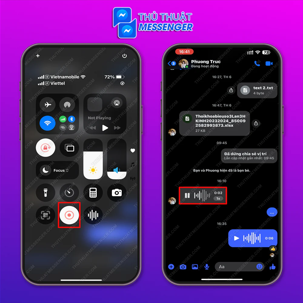 Bước 1: Mở đoạn chat cần ghi âm lại > Vuốt màn hình từ trên xuống > Chọn quay lại màn hình > Nhấn cho đoạn ghi âm chạy hết.