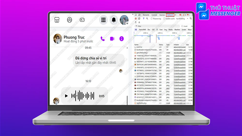 Bước 1: Mở đoạn chat có phần ghi âm muốn tải về > Nhấn tổ hợp phím Ctrl + Shift + I > Chọn vào phần Network.