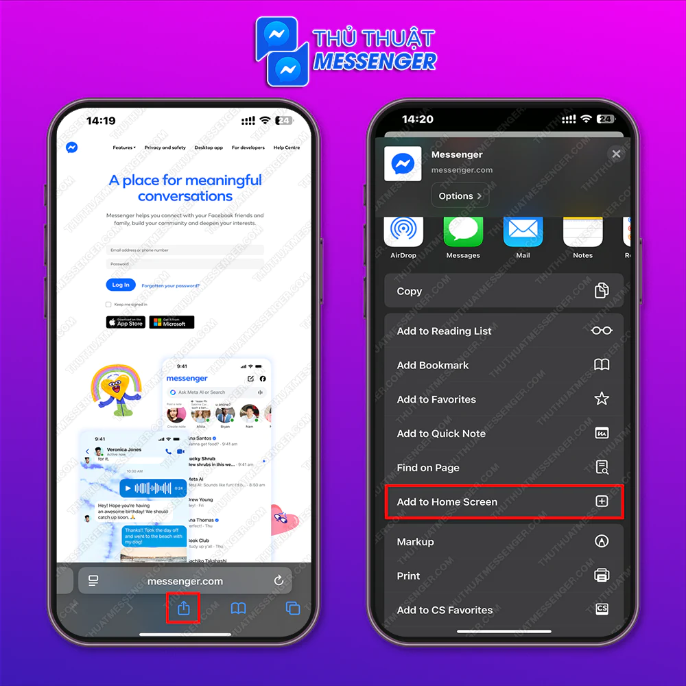 Bước 1: Vào Messenger Web bằng iPhone > Chọn biểu tượng ô vuông có mũi tên hướng lên trên > Thêm vào màn hình chính.