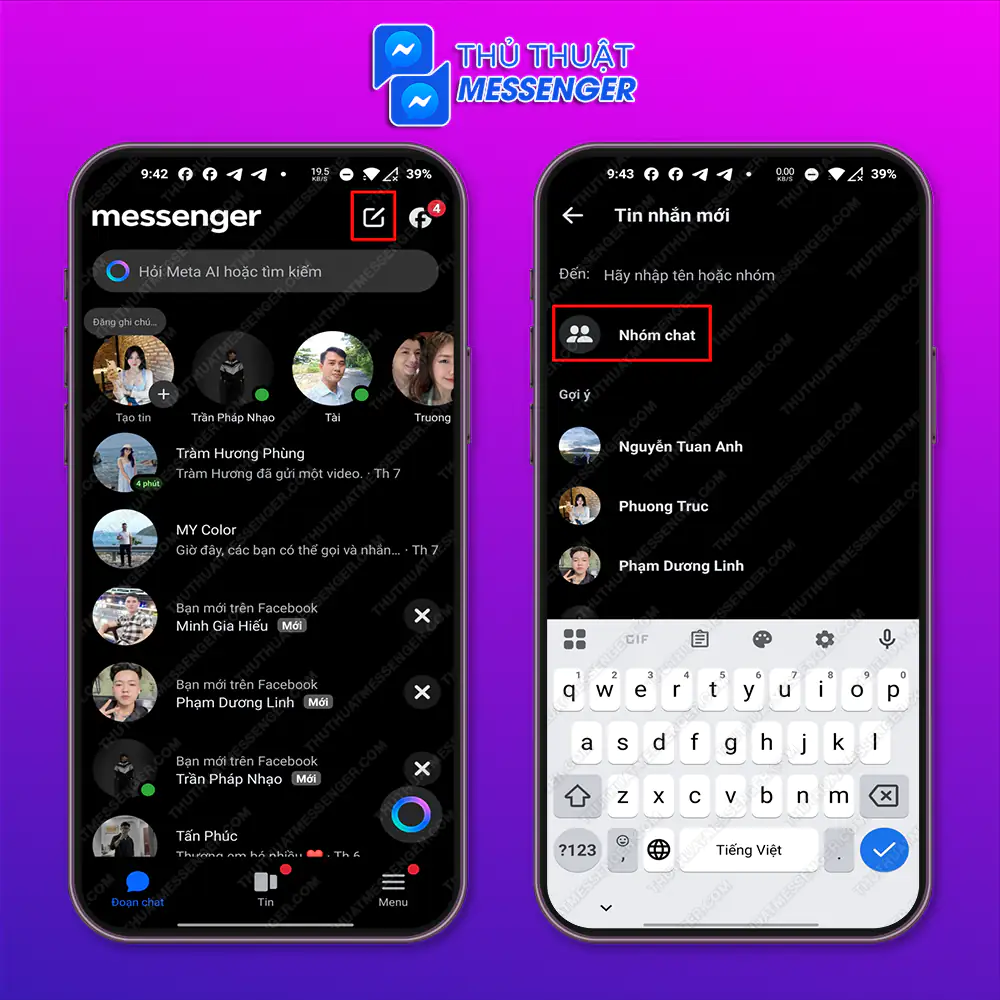 Bước 1: Mở vào ứng dụng Messenger, chọn vào biểu tượng Tạo tin nhắn mới > Chọn Nhóm chat.