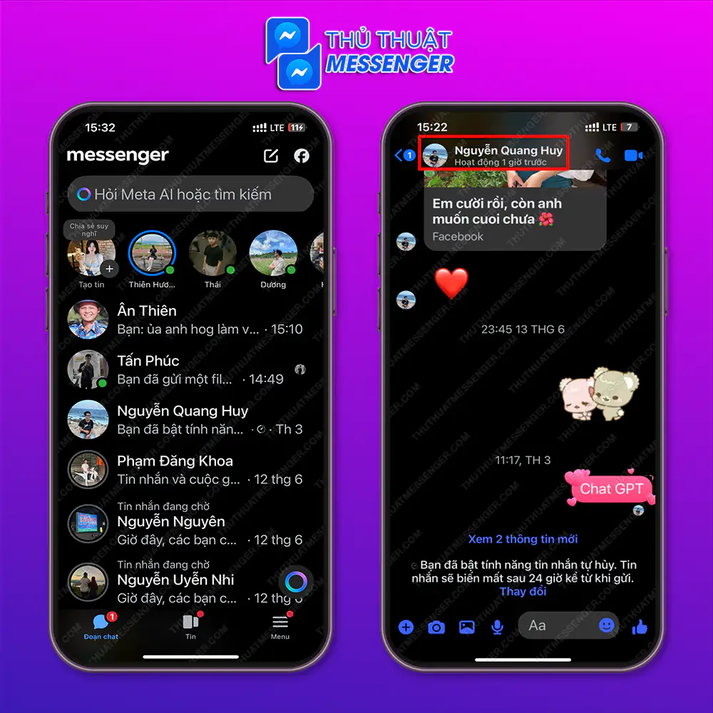 Bước 1: Truy cập messenger > Chọn “Đoạn chat cần tắt hiển thị cuộc gọi messenger > Chọn “avatar tài khoản”.