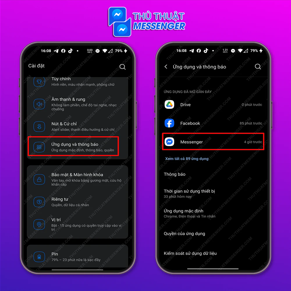 Bước 1: Vào Cài đặt > Ứng dụng và thông báo > Messenger.