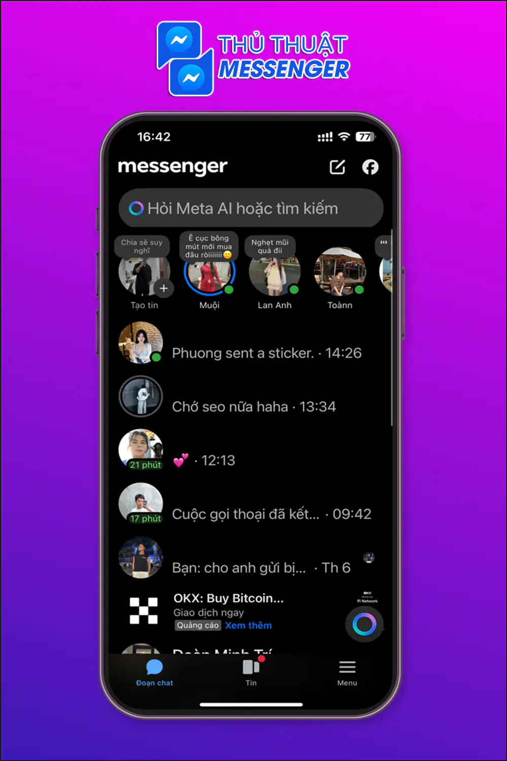 Bước 1: Truy cập vào messenger > Chọn “Tài khoản mà bạn cần tìm tin nhắn messenger theo ngày”.