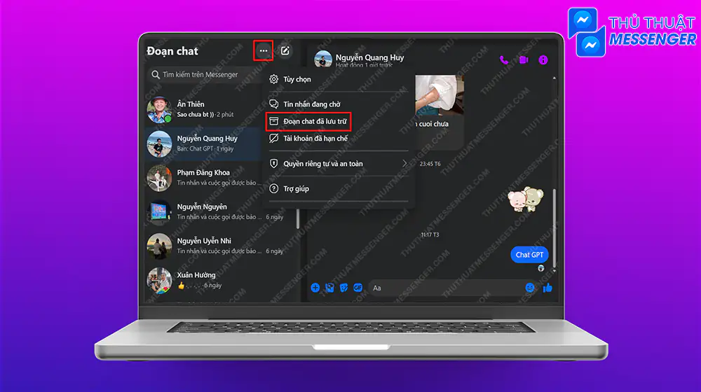 Bước 1: Truy cập messenger > Chọn “Dấu 3 chấm” > Chọn “Đoạn chat đã lưu trữ”.