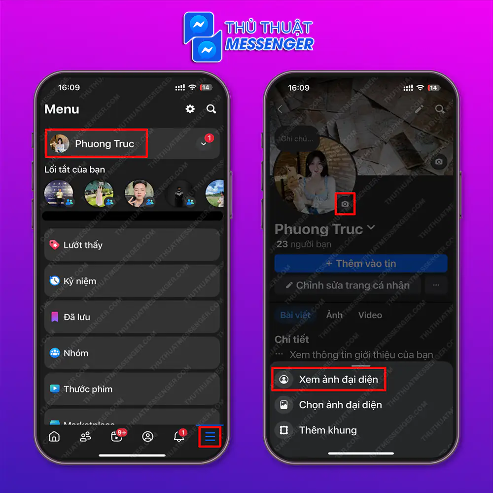 Bước 1: Truy cập vào facebook > Chọn “Biểu tượng 3 dấu gạch ngang” > Chọn “Avatar tài khoản” Chọn “Biểu tượng camera” > Chọn “Xem ảnh đại diện”.