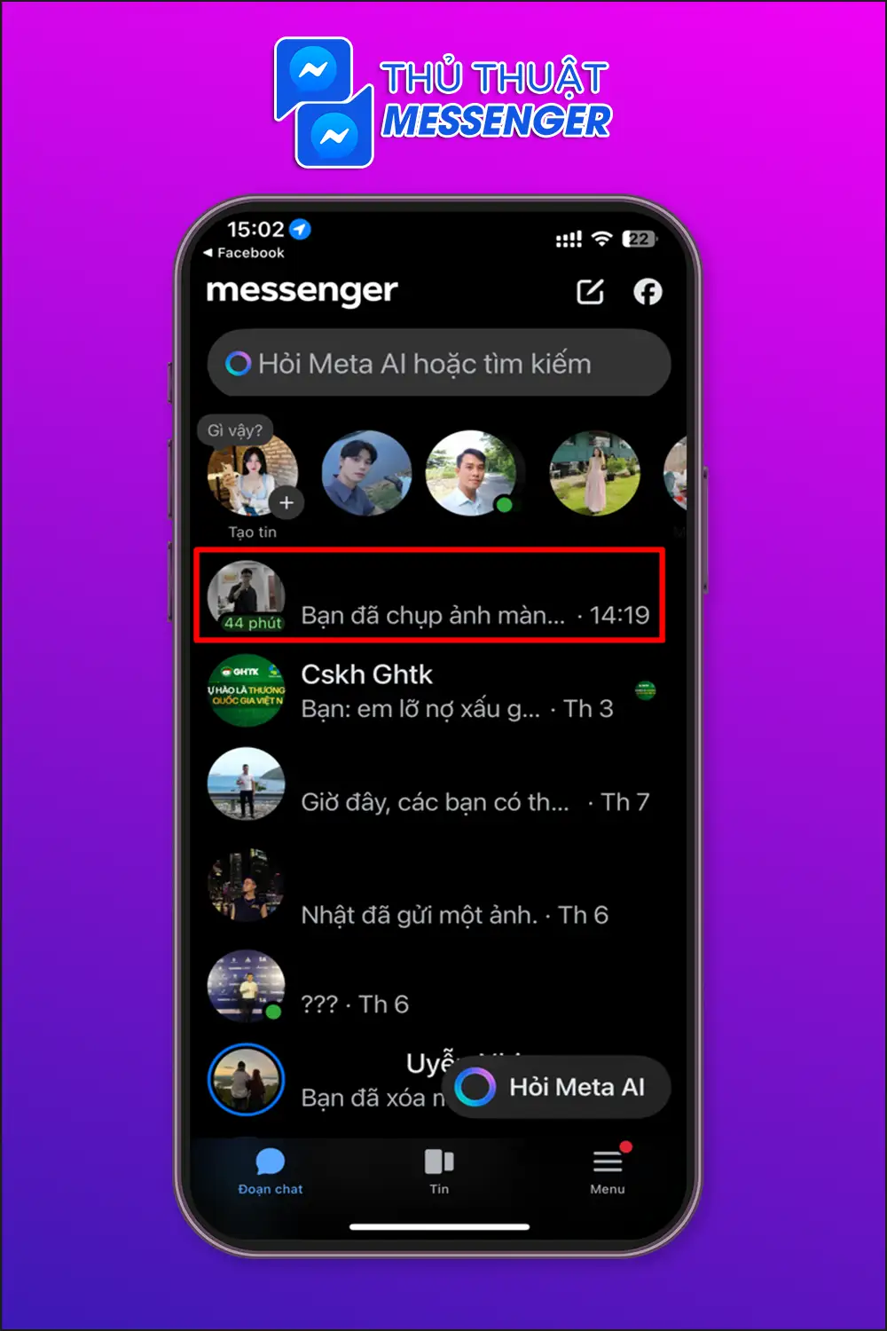 Bước 1: Mở messenger > Giữ đè 2 giây vào tài khoản bạn muốn xóa.