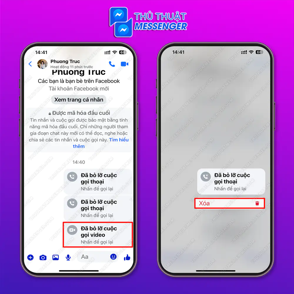 Bước 1: Truy cập messenger > Giữ đè cuộc gọi  cần xóa 2 giây > Chọn ”Xóa”.