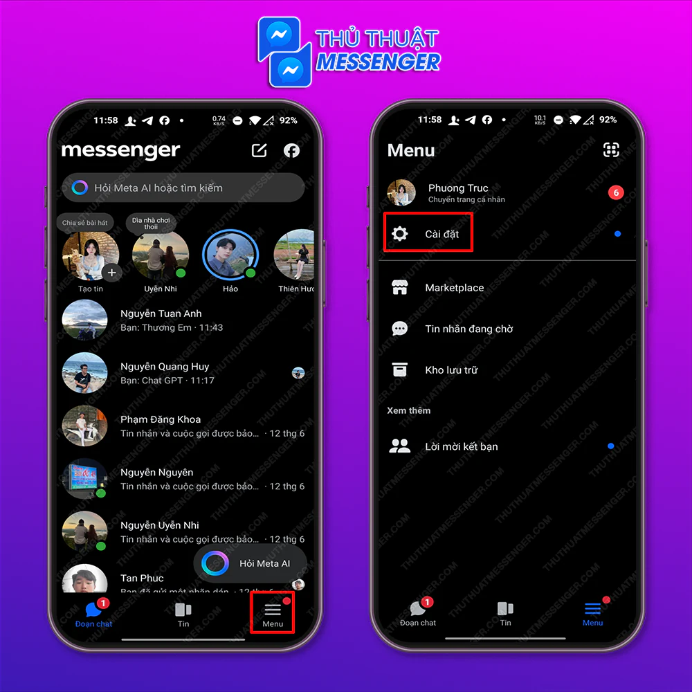 Bước 1: Vào ứng dụng để chọn phần Menu > Tiếp tục với Cài đặt.