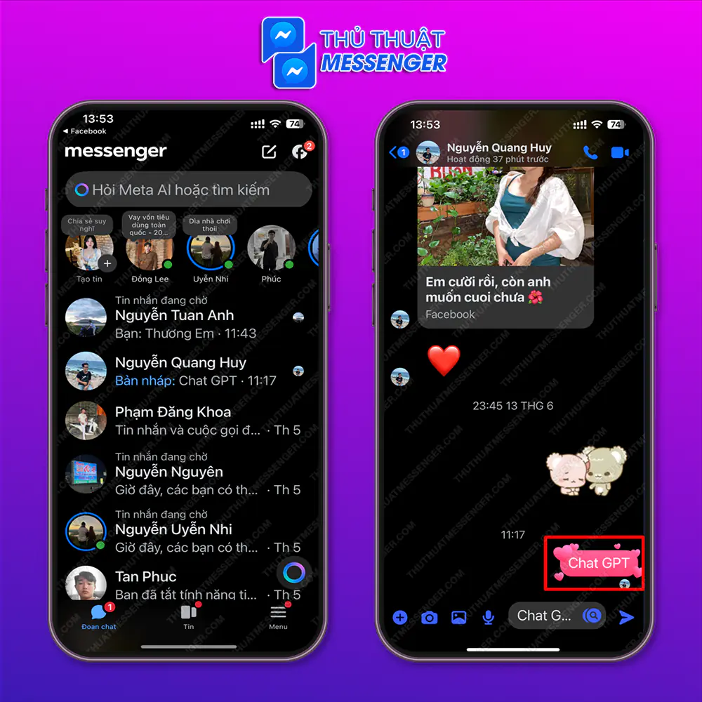 Bước 1: Truy cập messenger > Chọn tài khoản bạn muốn xóa tin nhắn > Giữ đè đoạn tin nhắn bạn muốn xóa 2 giây.