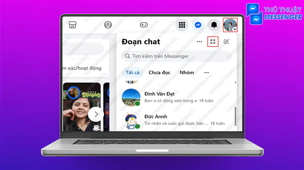 Bước 1: Truy cập vào Facebook và chọn biểu tượng Messenger > Xem tất cả trong Messenger.