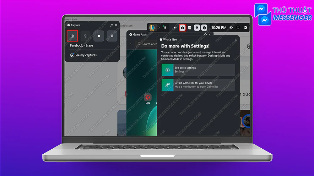 Bước 1: Mở màn hình bạn muốn chụp ảnh > Win + G > Chọn biểu tượng máy chụp ảnh > Chọn tiếp biểu tượng máy chụp ảnh.