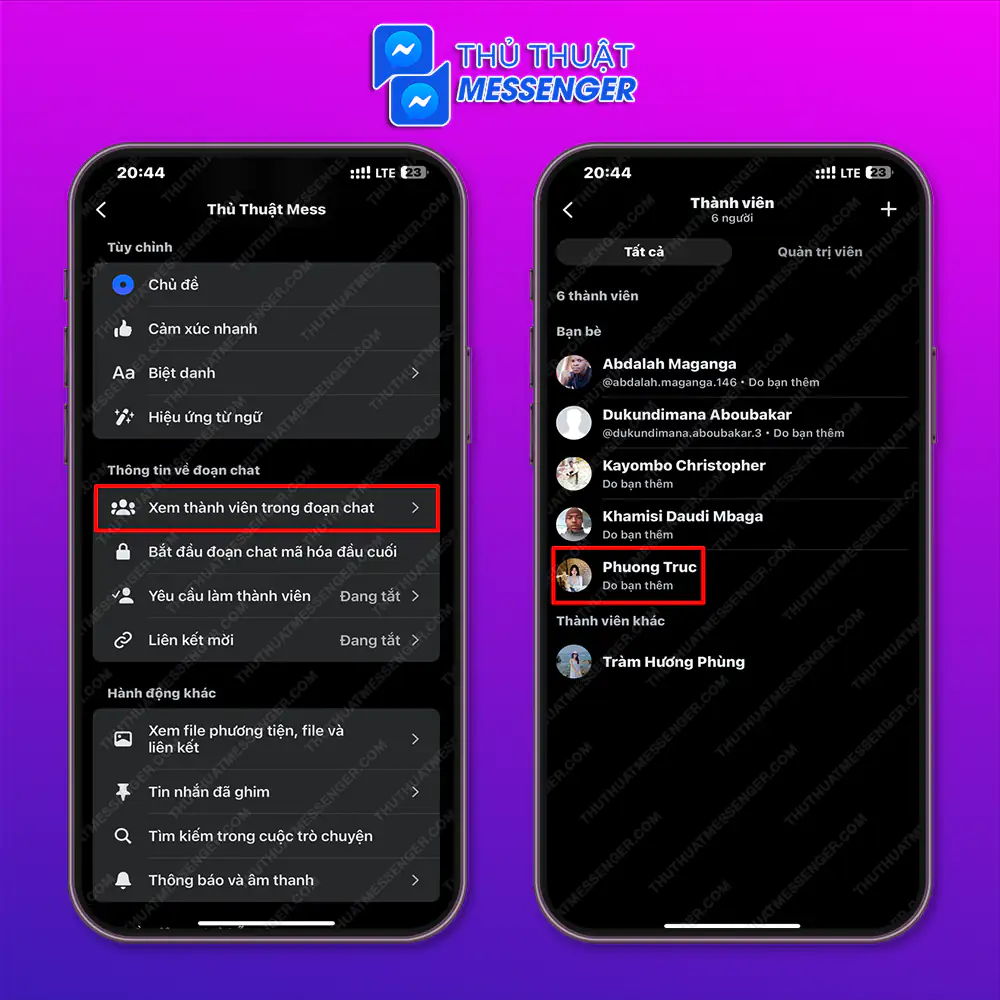 Bước 1: Vào phần Xem thêm của nhóm chat > Chọn Xem thành viên trong đoạn chat > Chọn người muốn cho thành QTV.