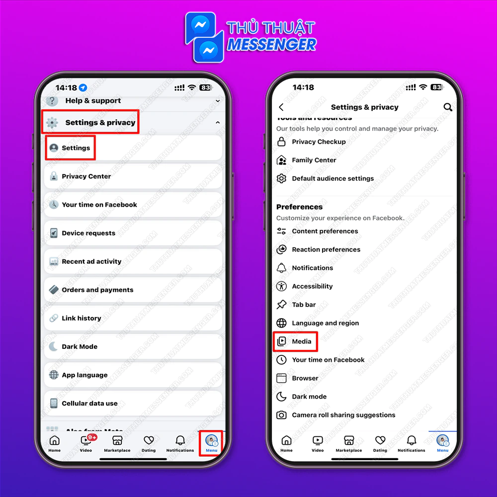 Bước 1: Vào Menu Facebook, chọn Cài đặt và Quyền riêng tư > Cài đặt > File phương tiện.