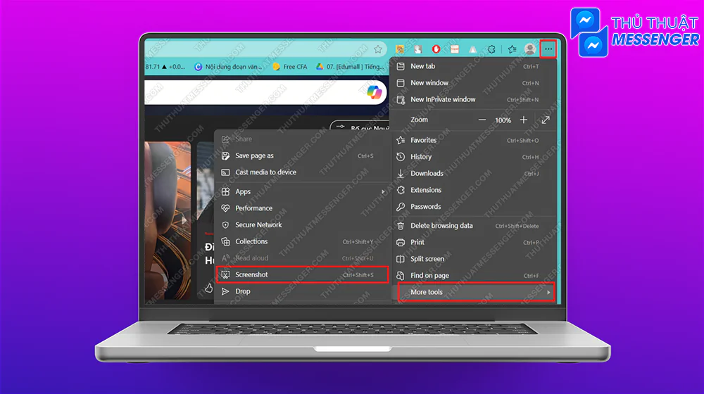 Bước 1: Truy cập vào trình duyệt Edge > Chọn biểu tượng 3 chấm > Công cụ khác > Chụp ảnh màn hình.