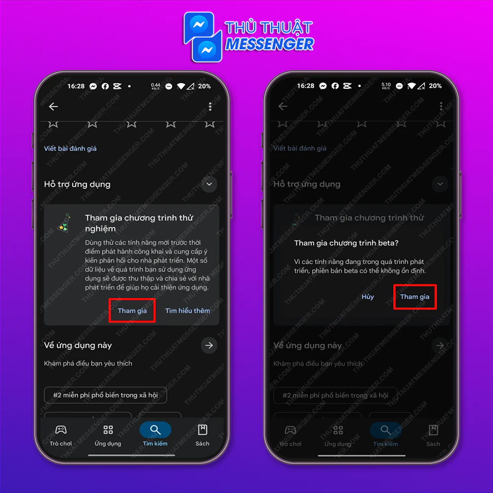 Bước 1: Vào CH Play tìm kiếm Facebook, chọn Tham gia chương trình thử nghiệm > Tham gia.