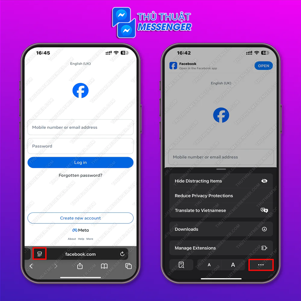 Bước 1: Truy cập facebook.com trên Safari > Chọn biểu tượng hình chữ nhật > Chọn dấu 3 chấm ngang.