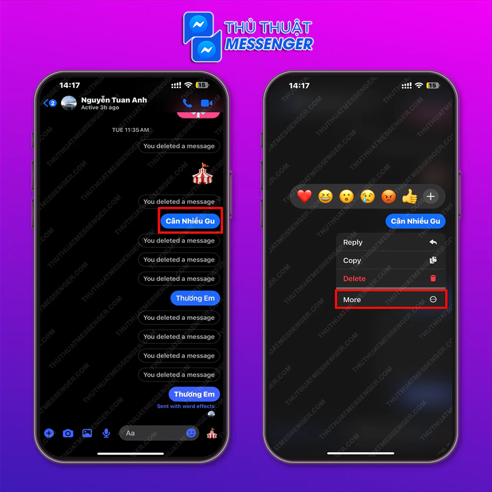 Bước 1: Vào phần tin nhắn với người bạn muốn ghim và chọn tin muốn đưa lên ghim > Nhấn giữ và chọn Xem thêm.