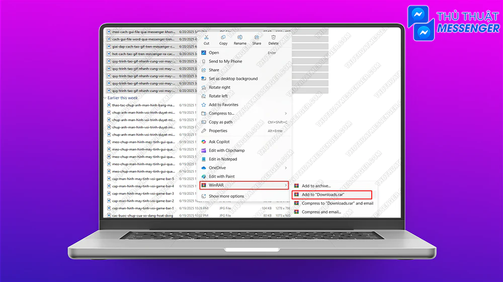 Bước 1: Chọn những ảnh muốn gửi cho người khác > Chuột phải chọn WinRAR > Chọn tiếp Add to “Thư mục bạn muốn.rar”.