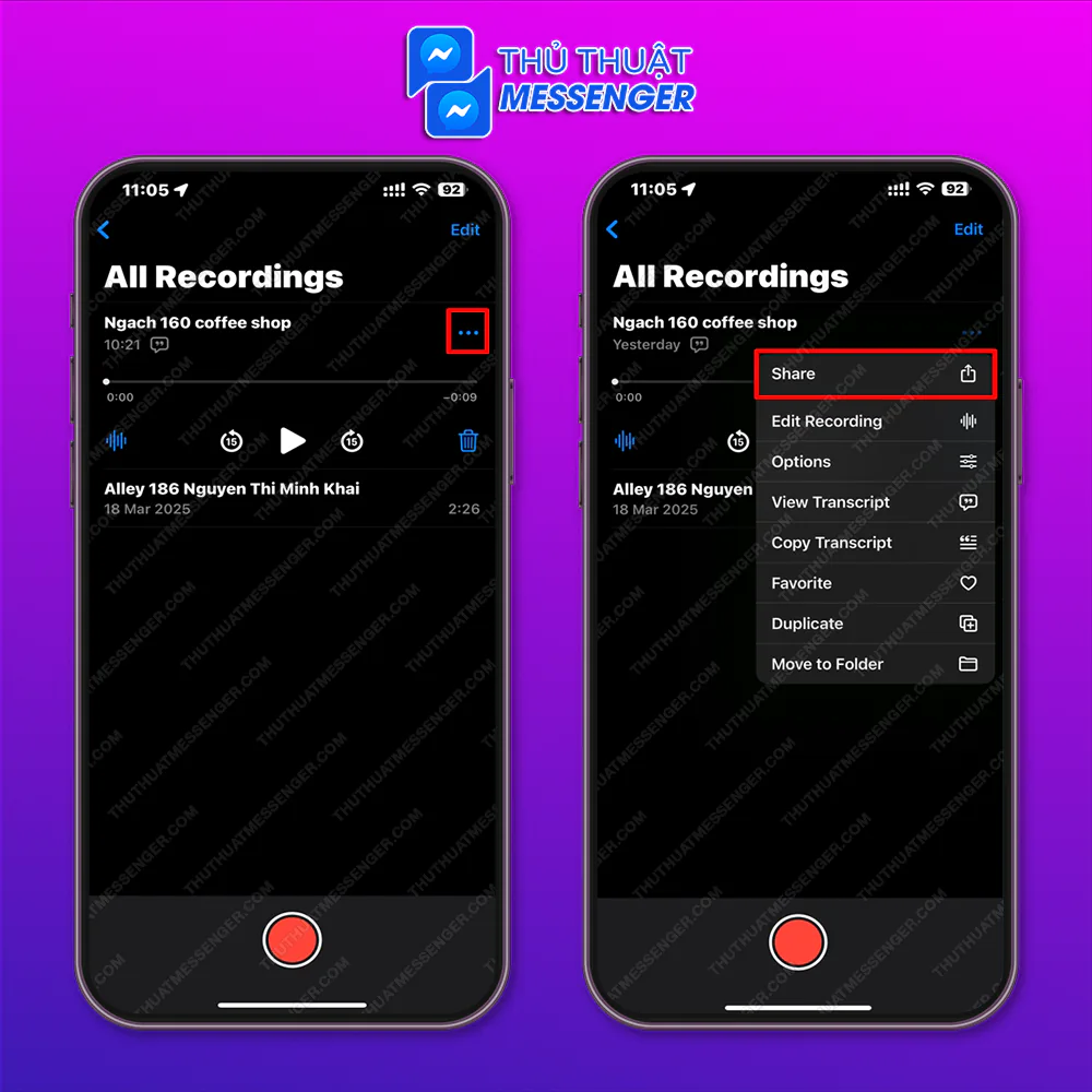 Bước 1: Vào Ghi âm để chọn file ghi âm tương ứng > Chọn biểu tượng 3 chấm > Chọn Chia sẻ.