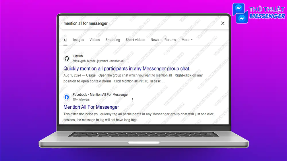 Bước 1: Tìm kiếm cụm từ “mention all for messenger” và chọn phần tìm kiếm của GitHub.