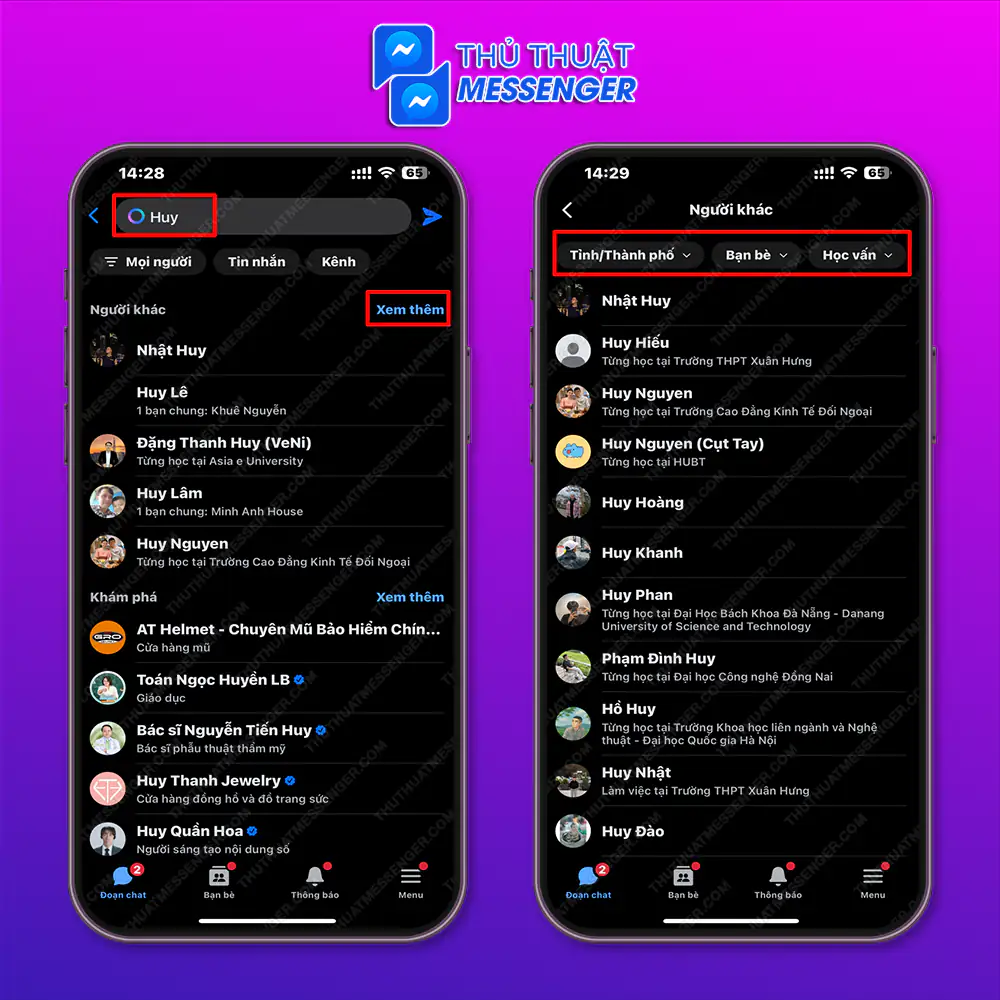Bước 1: Chọn vào thanh tìm kiếm trên ứng dụng, nhập tên người bạn muốn tìm > Nhấn xem thêm ở mục người khác (để có thêm nhiều lựa chọn) > Chọn thêm nhiều chi tiết khác (thành phố, bạn bè, học vấn,...).